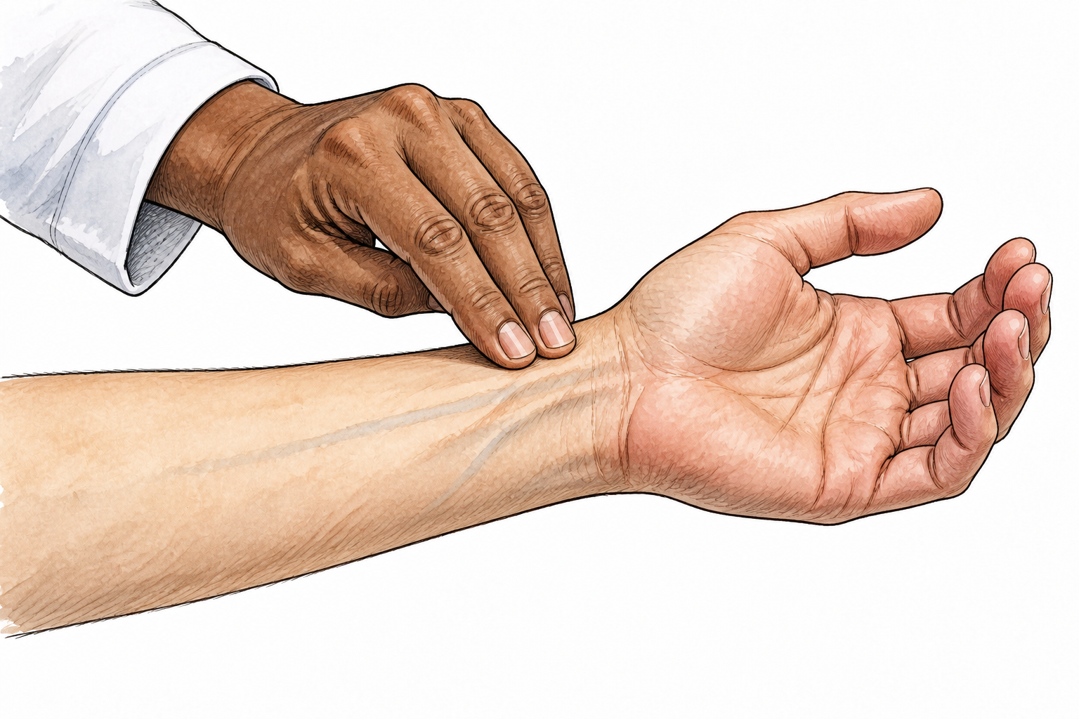 Two fingers gently feel the radial pulse at the thumb side of a wrist, anatomically correct placement.