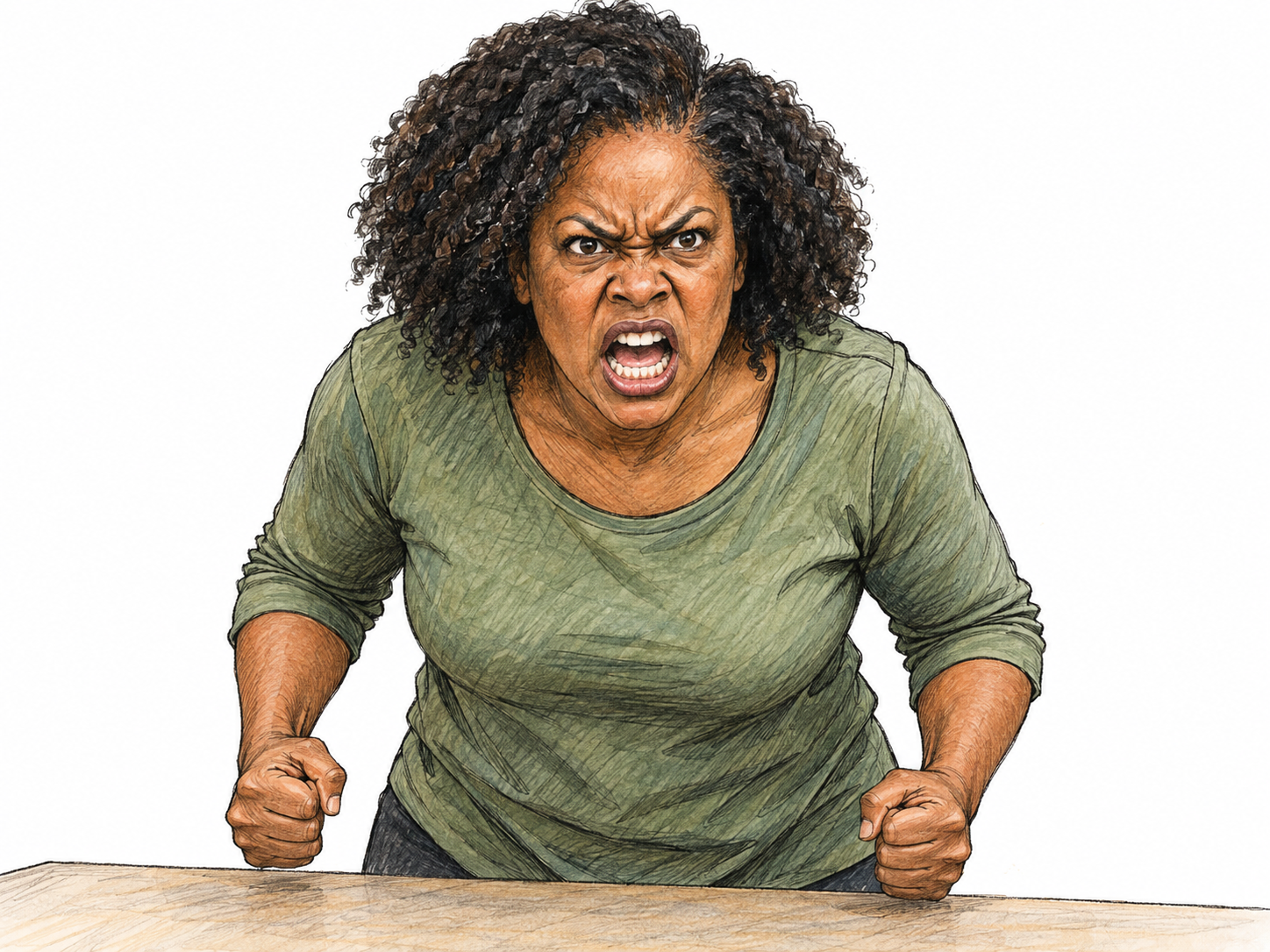 A visibly furious woman stands rigidly beside a plain table, both fists clenched, shoulders raised, brows deeply drawn together, and mouth open in an angry outburst.