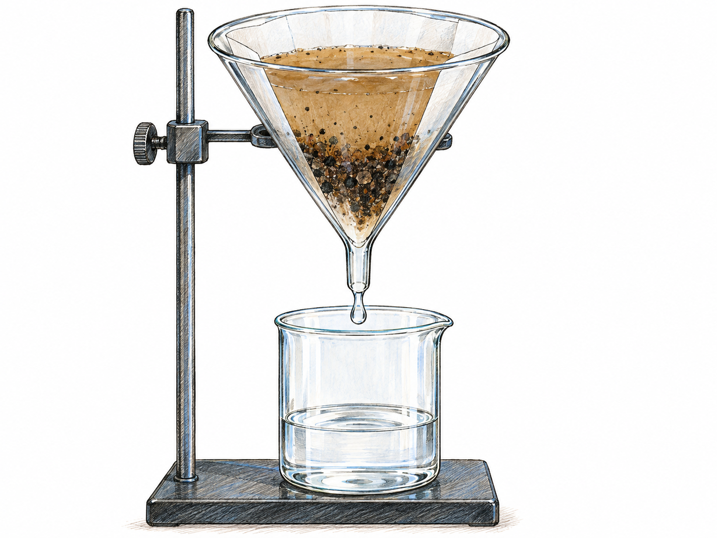 A simple water-filtration setup visibly separates dirt from water: muddy water passes through filter paper in a glass funnel, sediment stays in the paper, and clear drops collect in a clean glass vessel below.