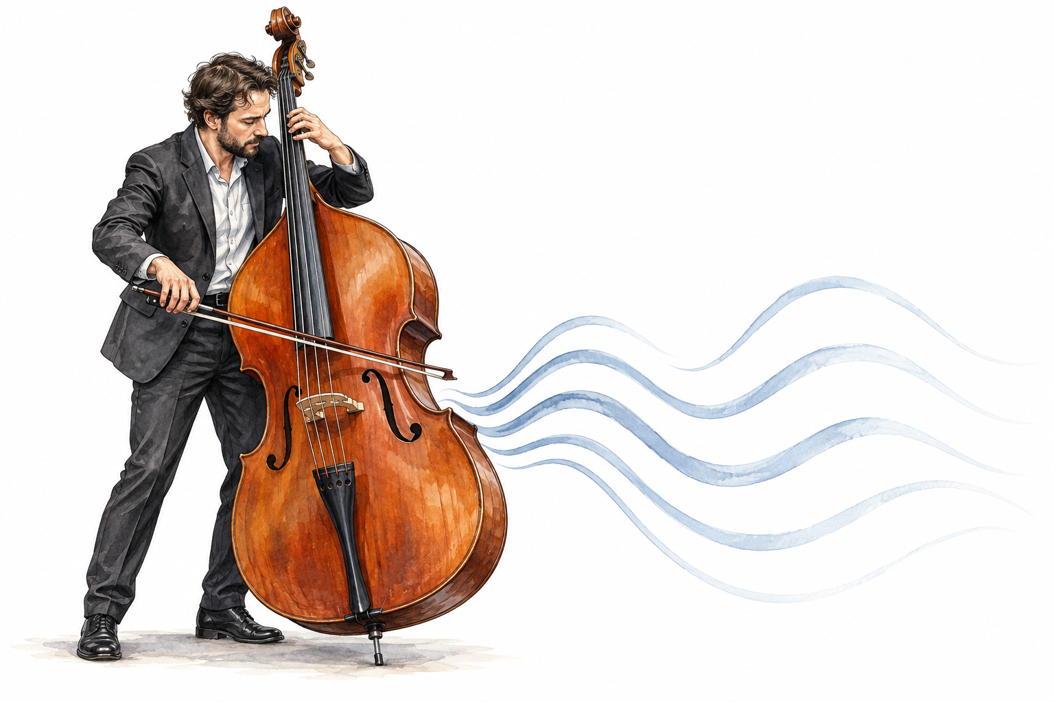 Large double bass player bowing low strings, long low sound-wave curves, clear instrument proportions.