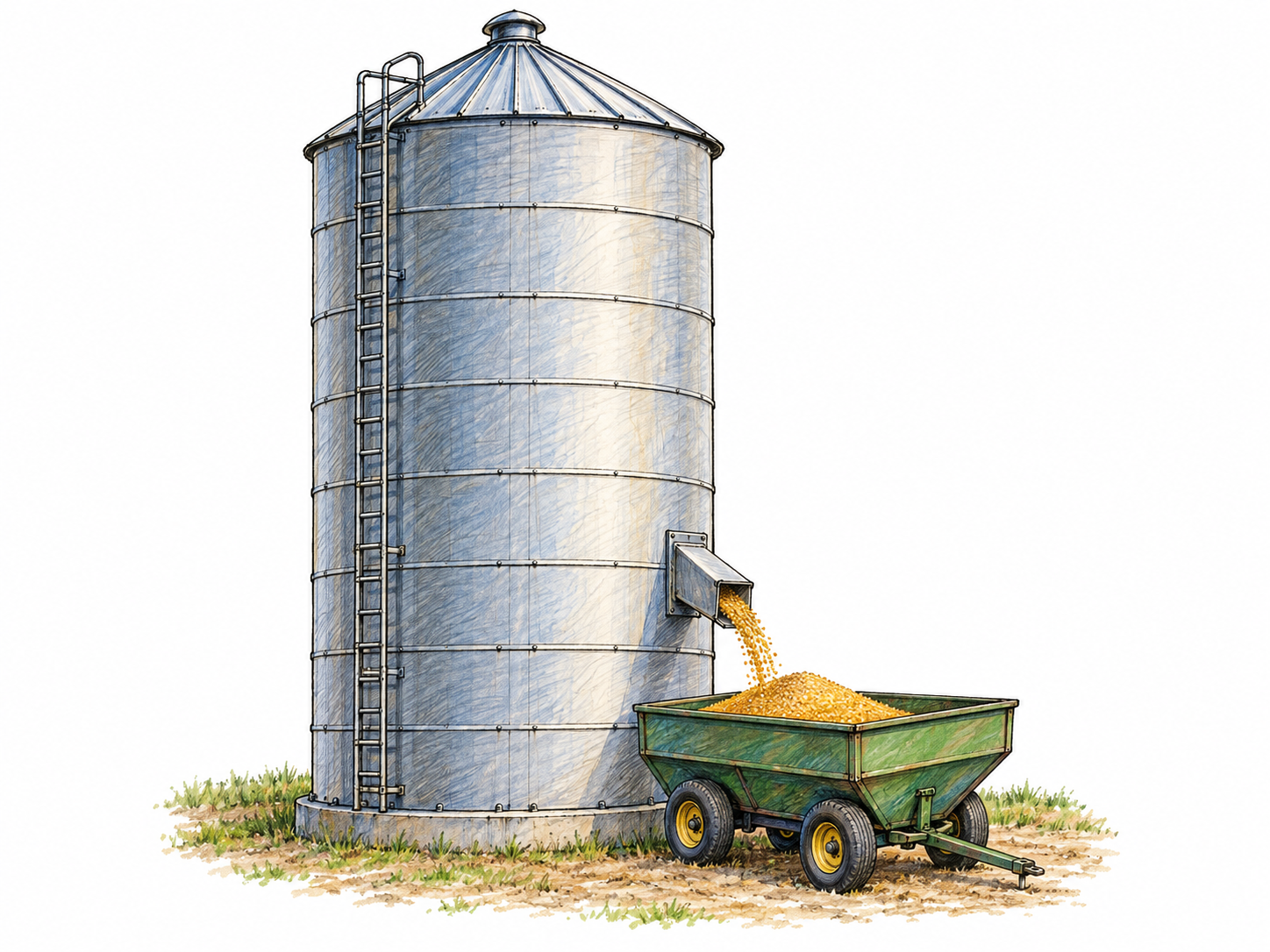 A tall cylindrical farm silo with a domed roof and exterior ladder, releasing golden grain through its low outlet into a small grain cart.
