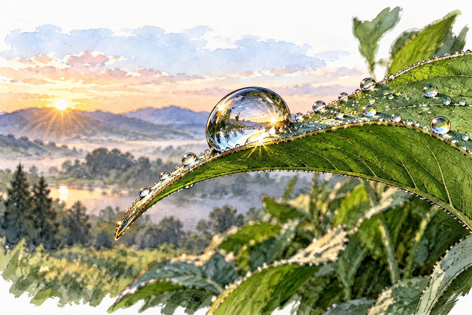One round dewdrop magnified on green leaf edge, reflected dawn light and tiny neighboring droplets.