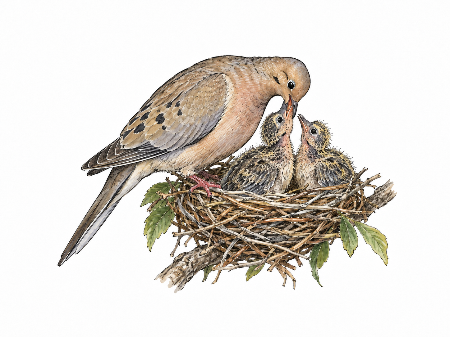 Simple natural bird-feeding vignette shows adult dove returning softened food from crop into two nestlings' open beaks, no gore.