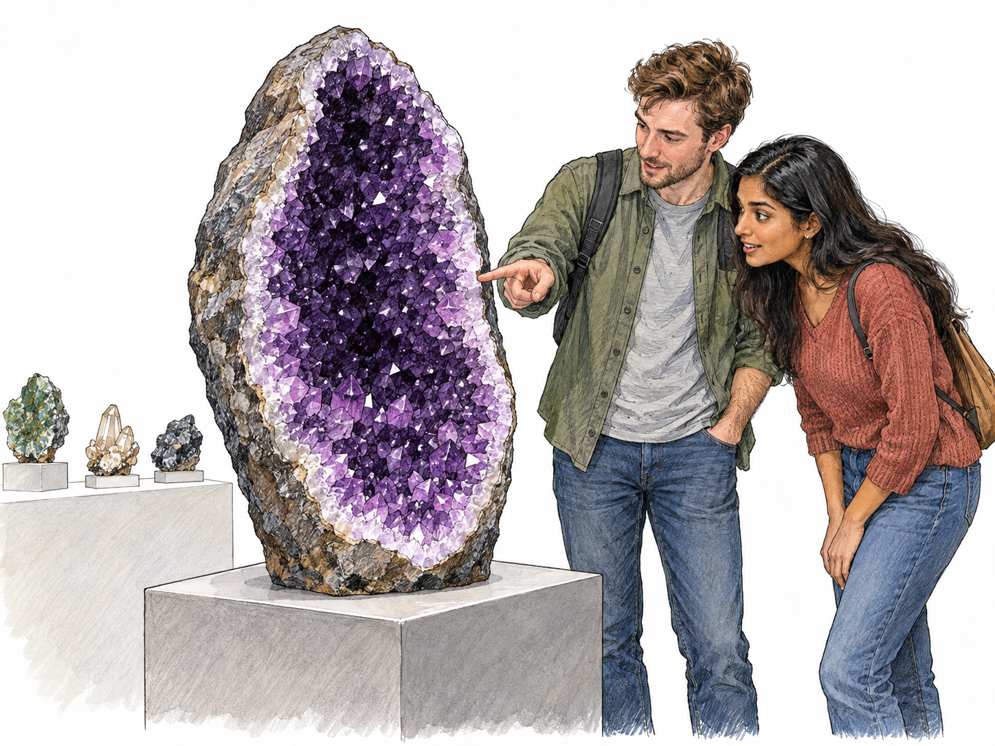 An exceptionally large, richly colored amethyst geode draws two museum visitors’ attention beside several small, ordinary mineral specimens.