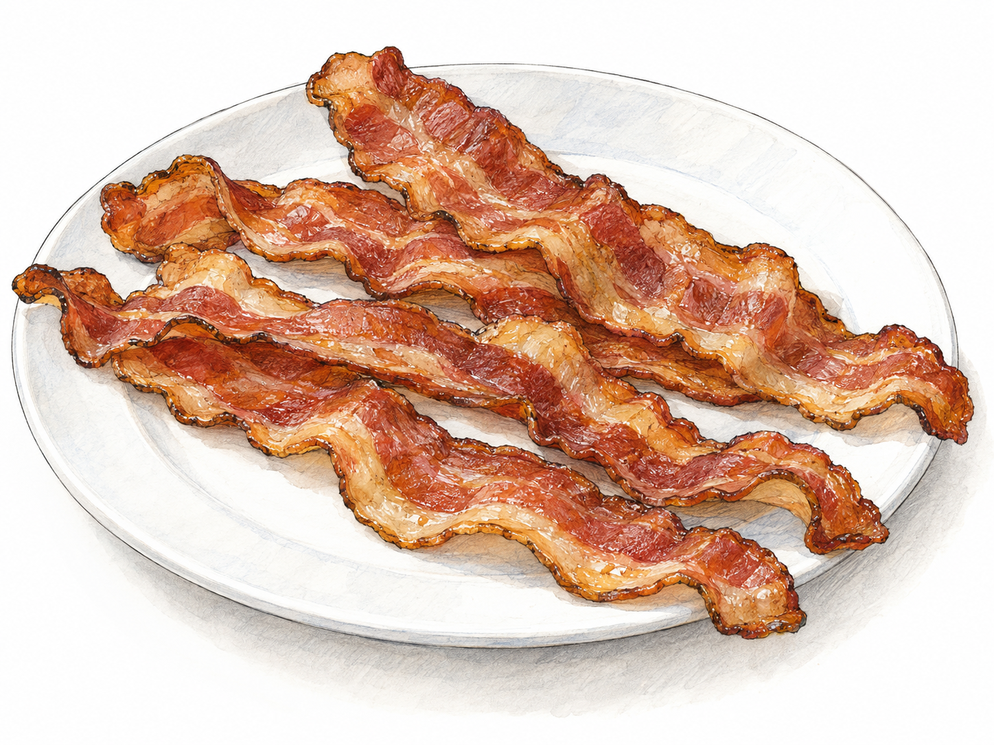 A plain white plate holding several thin, lightly overlapping strips of cooked bacon, with characteristic wavy edges and alternating reddish-brown meat and pale golden fat.