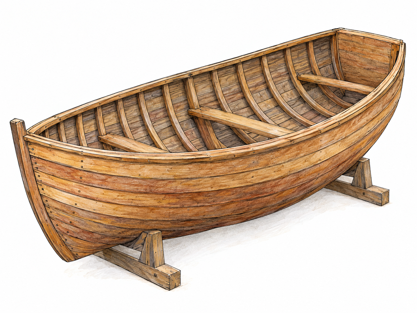 An upright unfinished wooden boat hull resting on low workshop cradles, viewed from above at a three-quarter angle so its enclosing shell, ribs, pointed bow and flat stern are immediately visible.