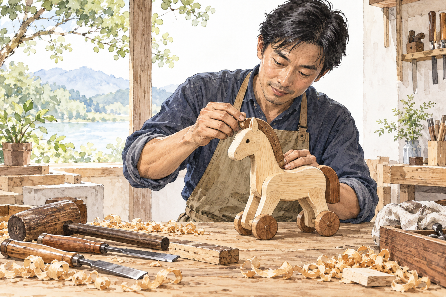 A newly made wooden toy rests beside shavings and tools, maker's hands completing its final assembly, act of creation.