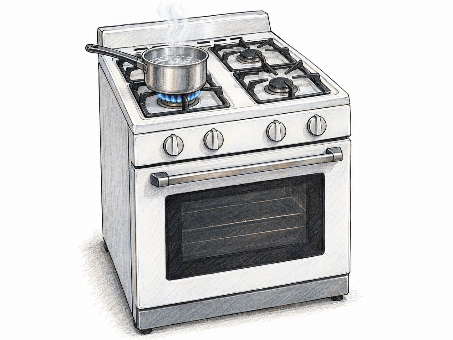 A freestanding kitchen stove with an integrated oven, clearly visible burners and control knobs, and a saucepan steaming over a lit gas burner.