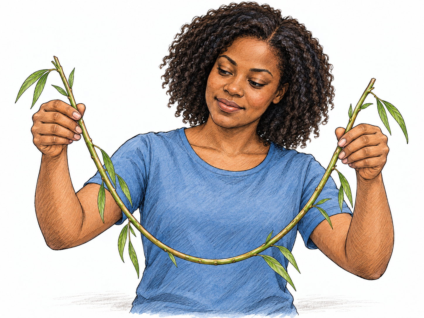 A woman gently bends a fresh, slender willow branch into a deep, smooth U.
