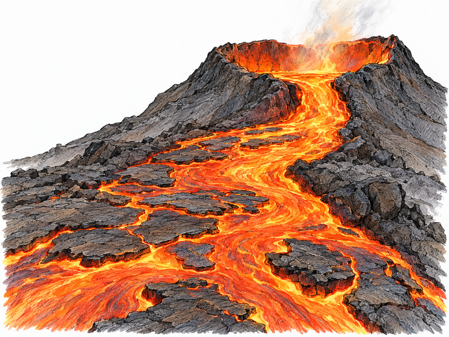 A glowing stream of molten lava emerges from a volcanic crater and flows down its rocky outer slope, with dark cooling crust broken by orange-red molten channels.
