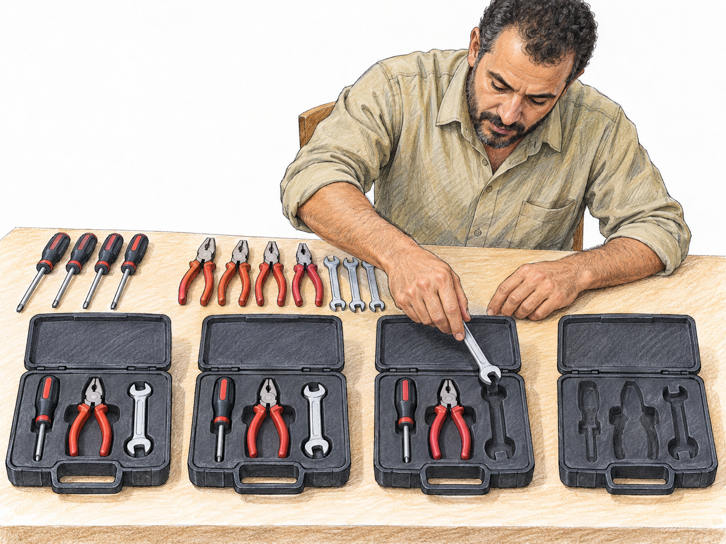 A man systematically packs identical repair kits, working left to right along a neat row of open cases and placing each component in its matching molded recess.