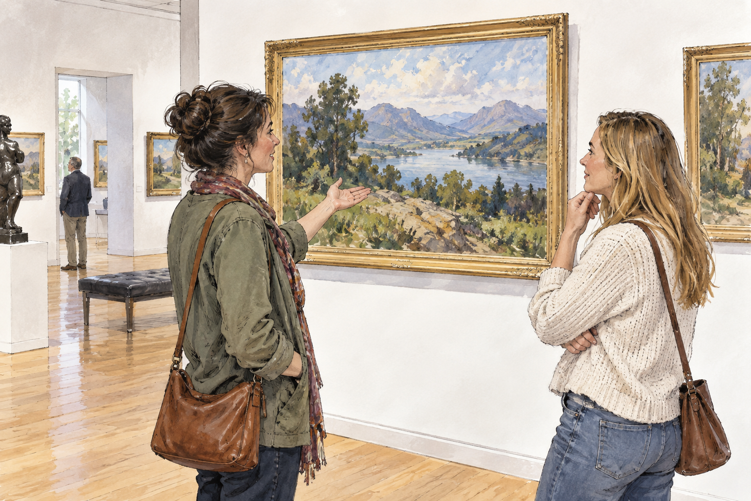 At an art gallery, one visitor makes a brief opinion with an open-hand gesture toward a landscape painting while a friend listens, no words.