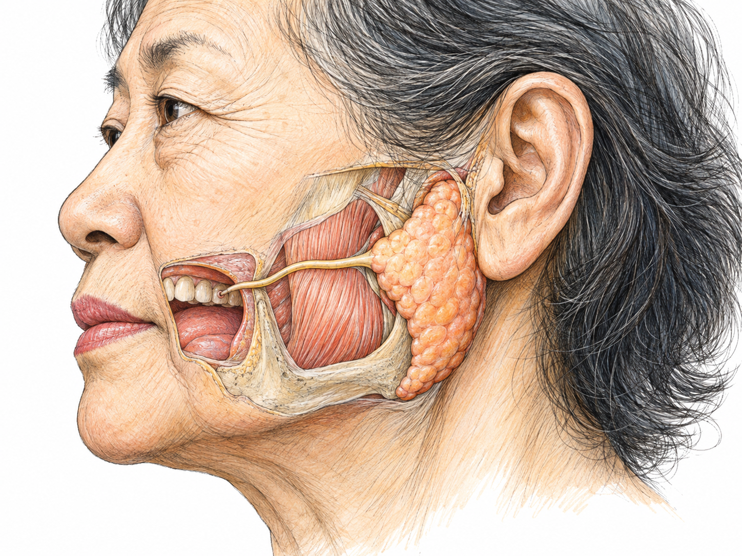 A close lateral anatomical cutaway of an older woman's cheek shows the healthy parotid gland immediately in front of and below the ear, with its duct crossing the cheek toward the mouth.