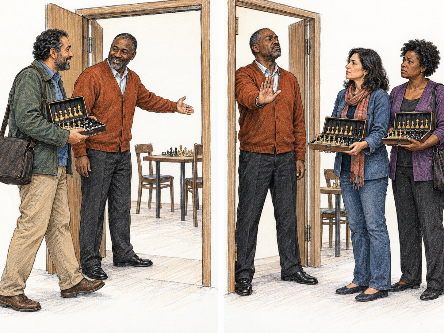 A chess-club gatekeeper warmly admits a male player but rigidly blocks two equally equipped female players at the same open doorway.