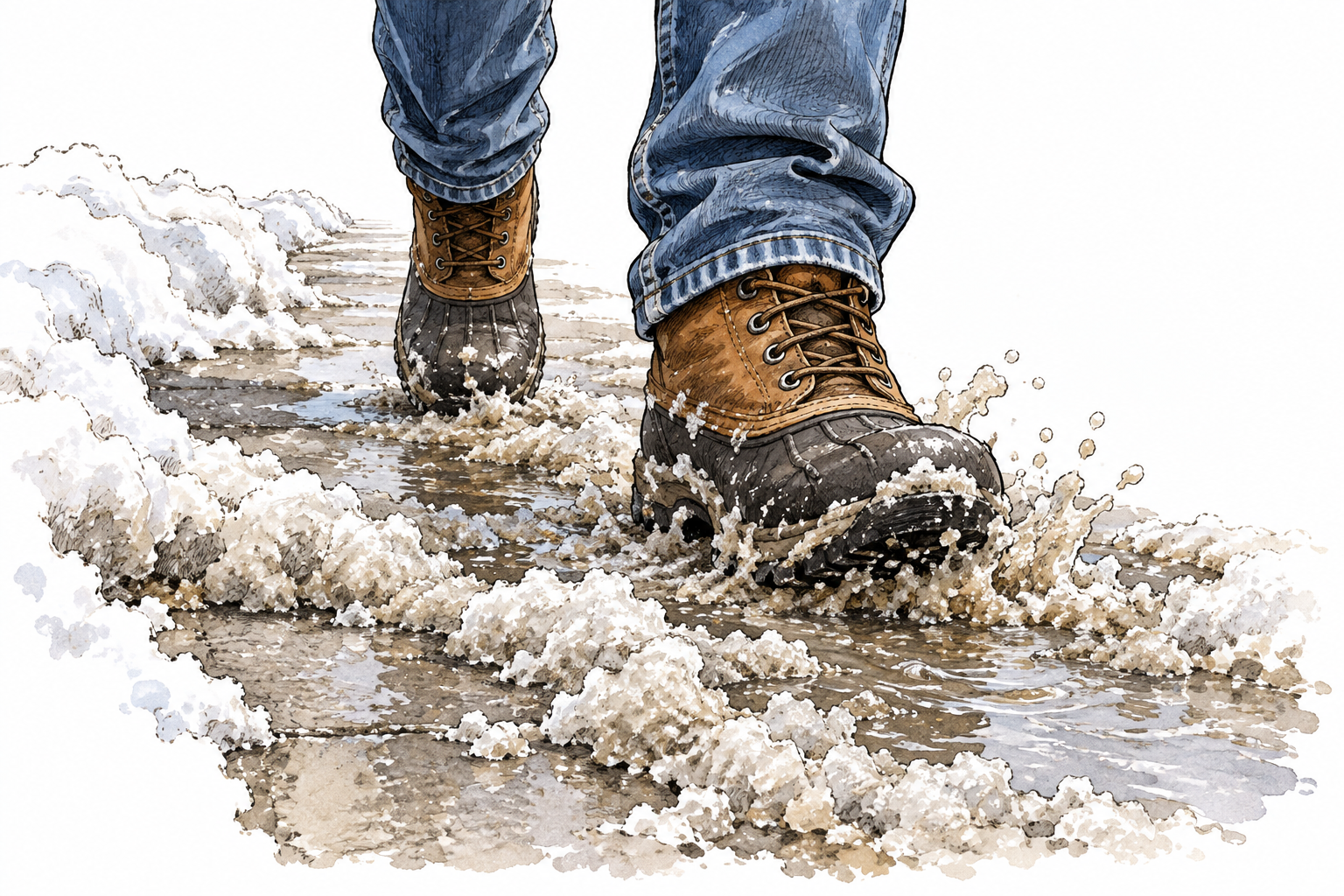 Boots stepping through partly melted snow mixed with gray water along a winter sidewalk, granular slush visibly distinct from solid snow.