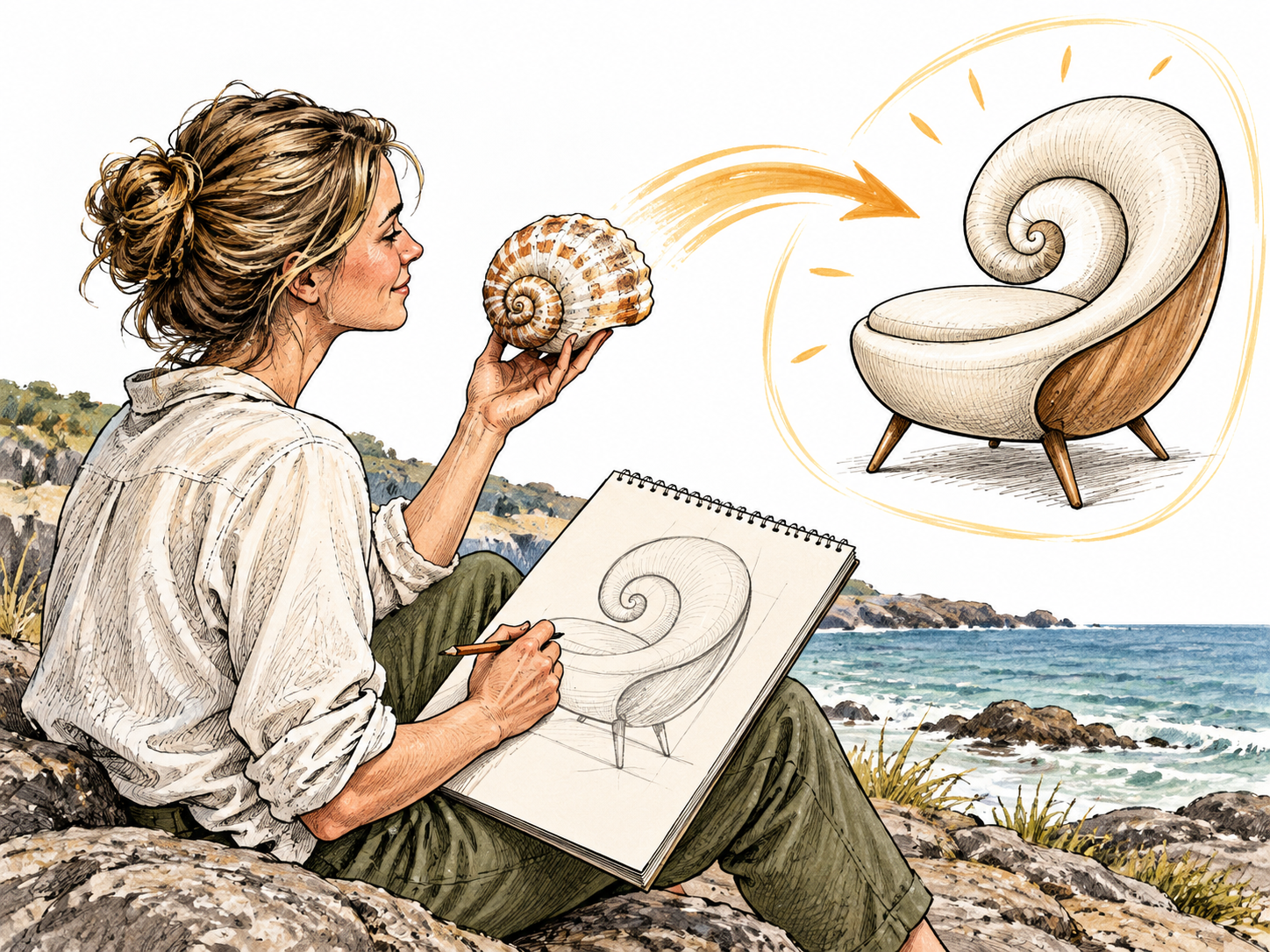 An adult white female designer sees the spiral form of a seashell and suddenly sketches a matching curved chair shape.