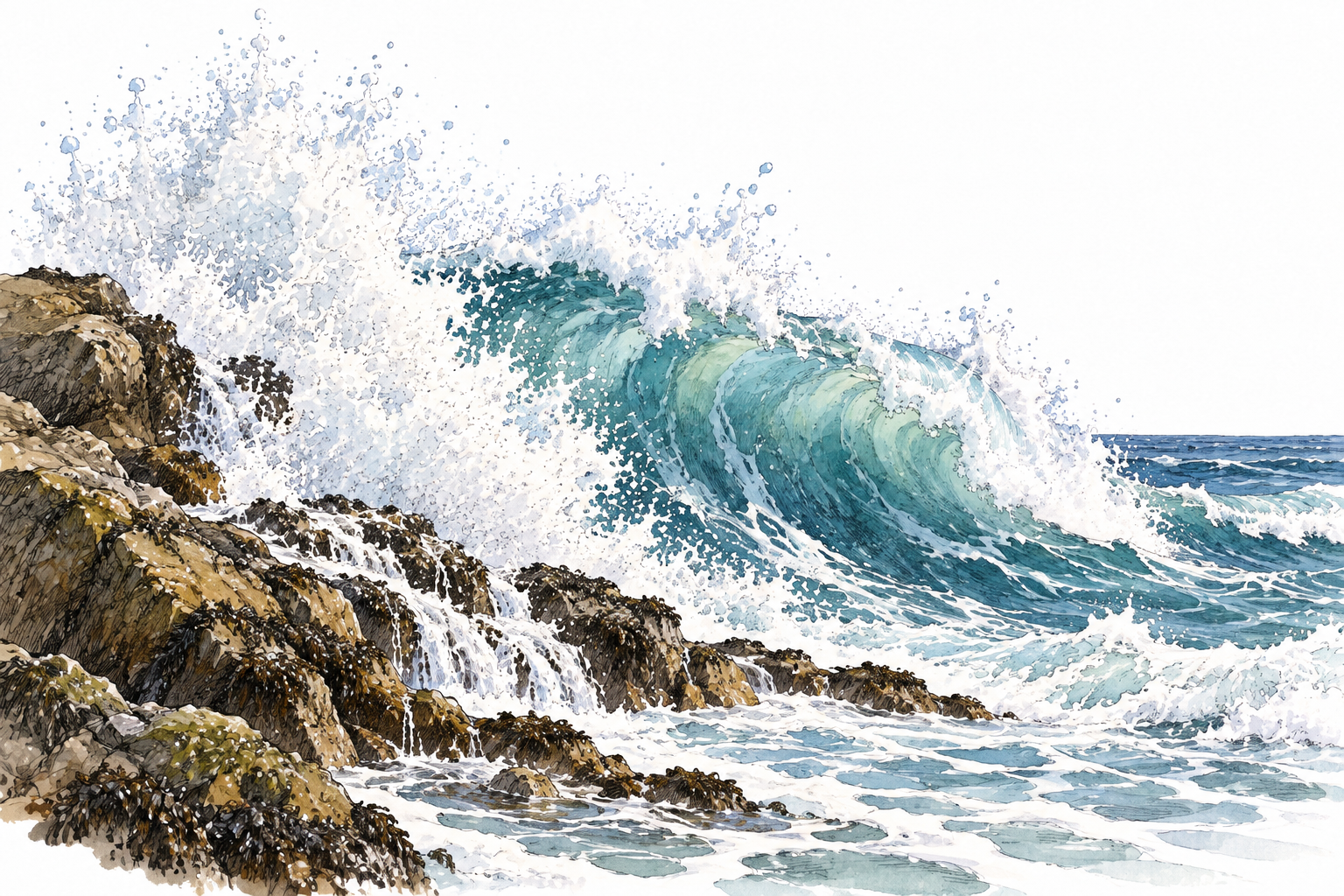 A sudden powerful ocean wave surges forward against a rocky shore, dynamic forceful swelling water.