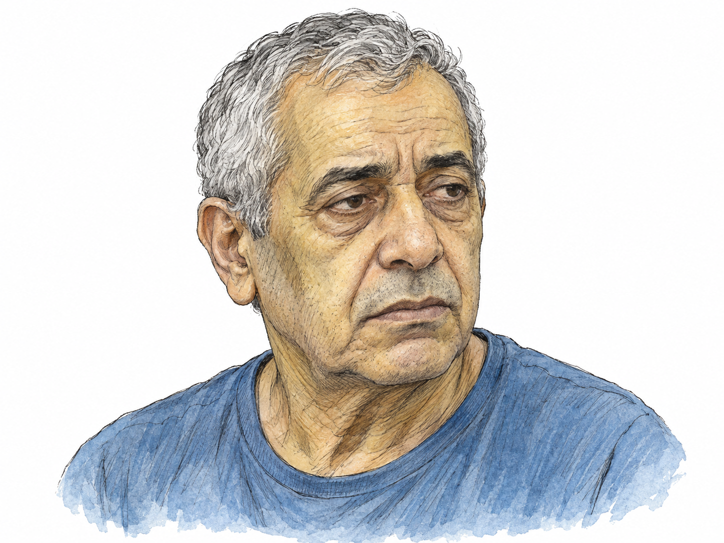 A close portrait of an older man whose unnaturally pale, yellow-gray complexion, drained lips and tired eyes visibly suggest poor health rather than a naturally warm skin tone.