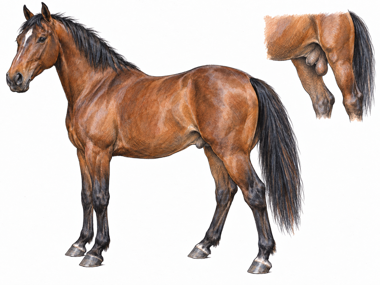 A dominant three-quarter view of an adult bay gelding, contrasted with a smaller, separate observational study of a stallion's underside.