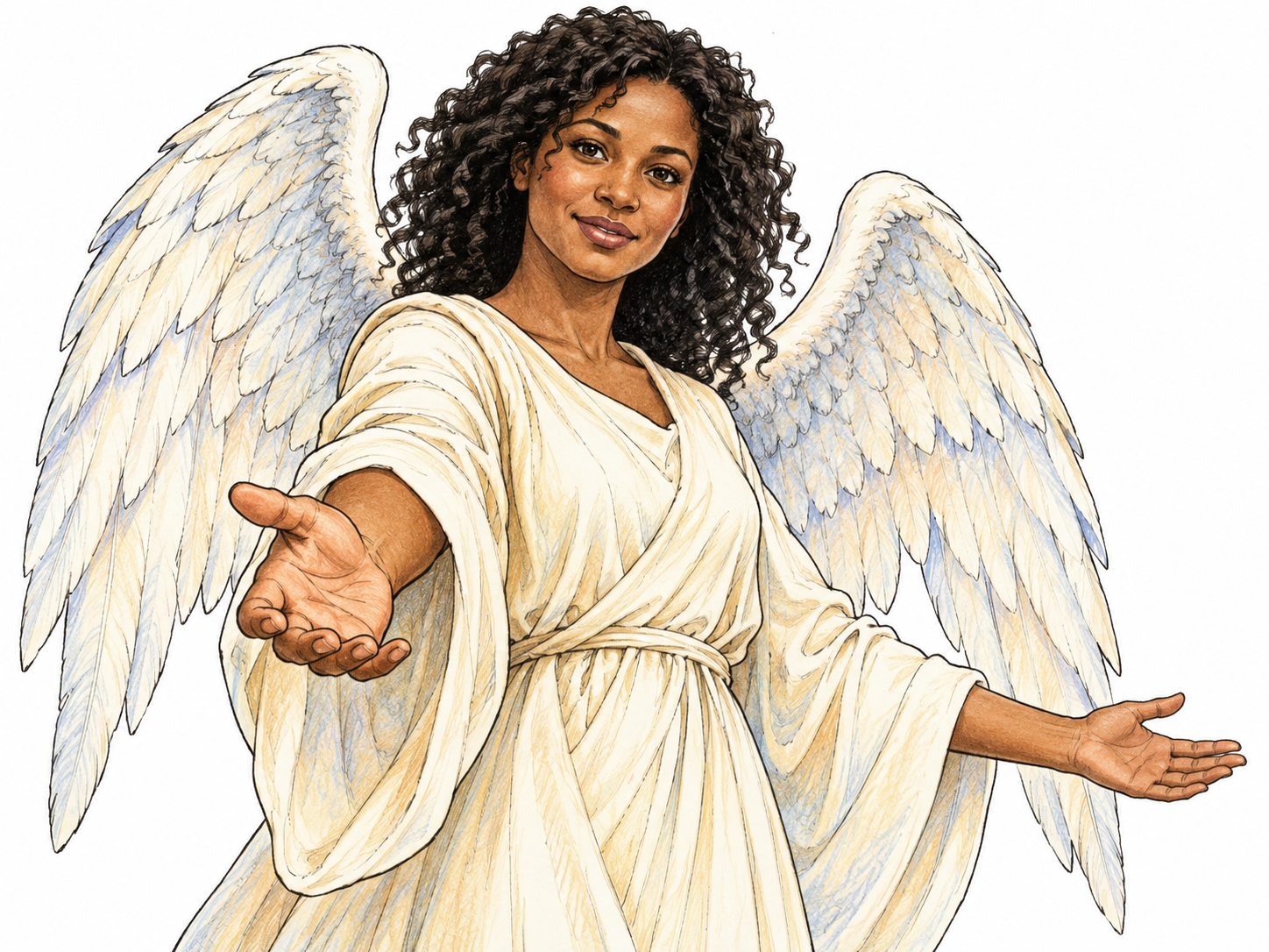 A gentle winged spiritual messenger extends an open welcoming hand, in a simple flowing cream robe, wings anatomically coherent and softly outlined; no religious writing or copied motifs.