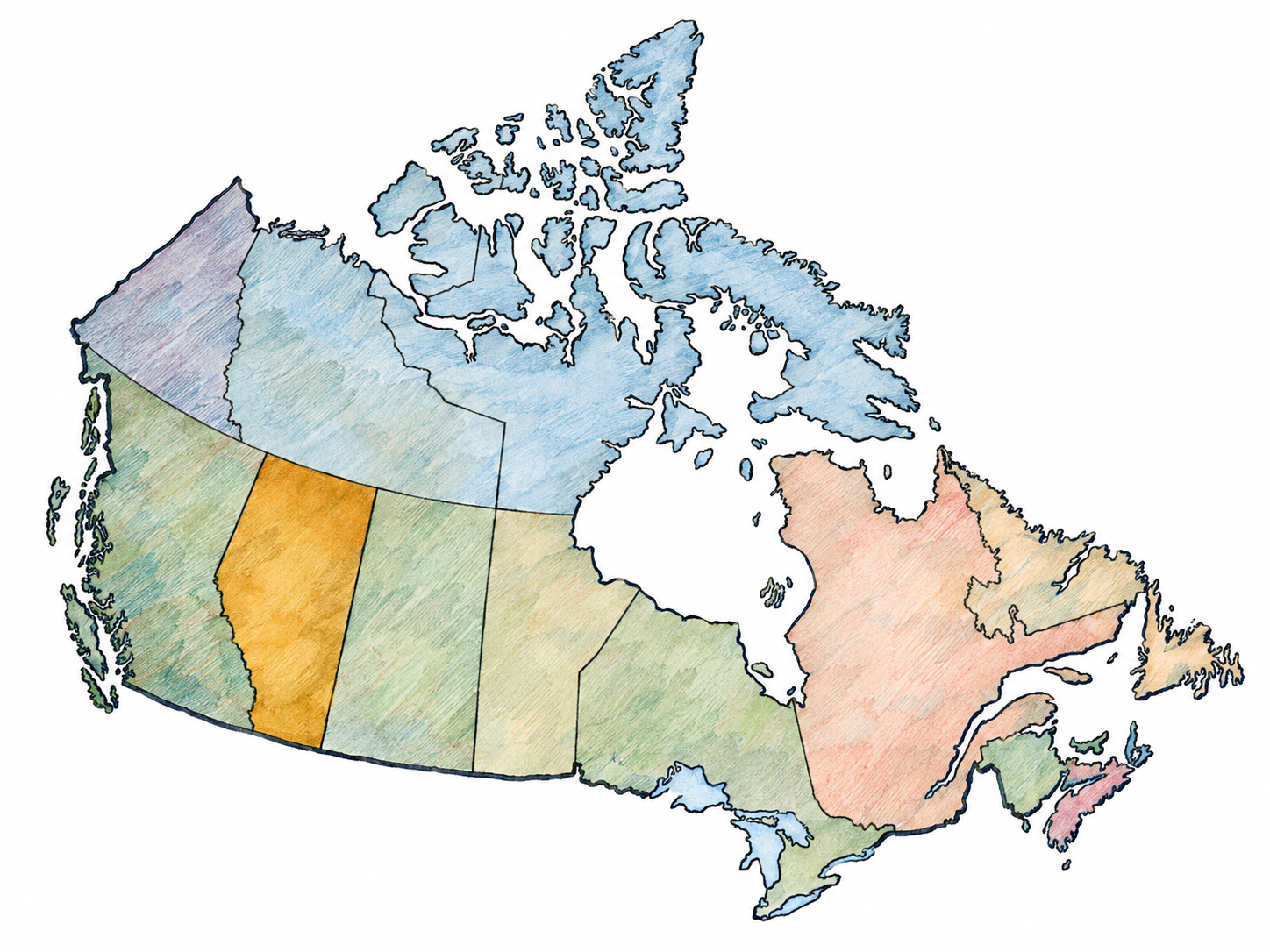 A simplified map of Canada divided into its first-level administrative regions, with Alberta highlighted as one bounded region within the larger country.