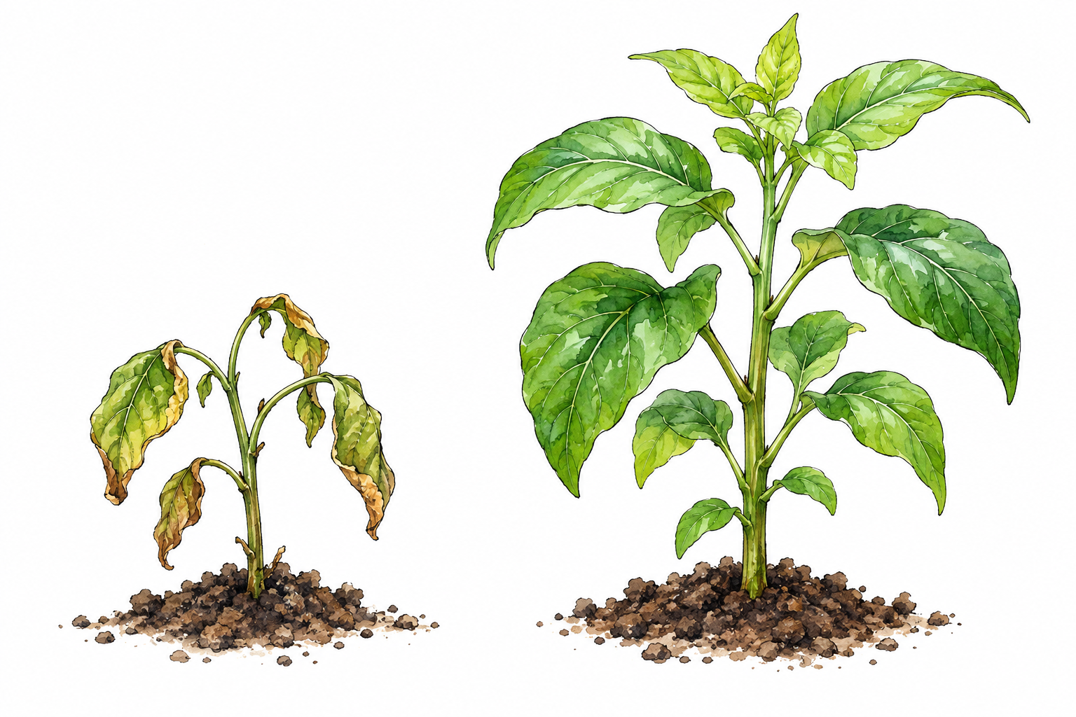 Two otherwise identical small plants side by side, one sparse and wilted and one lush twice as tall, marked noticeable contrast.