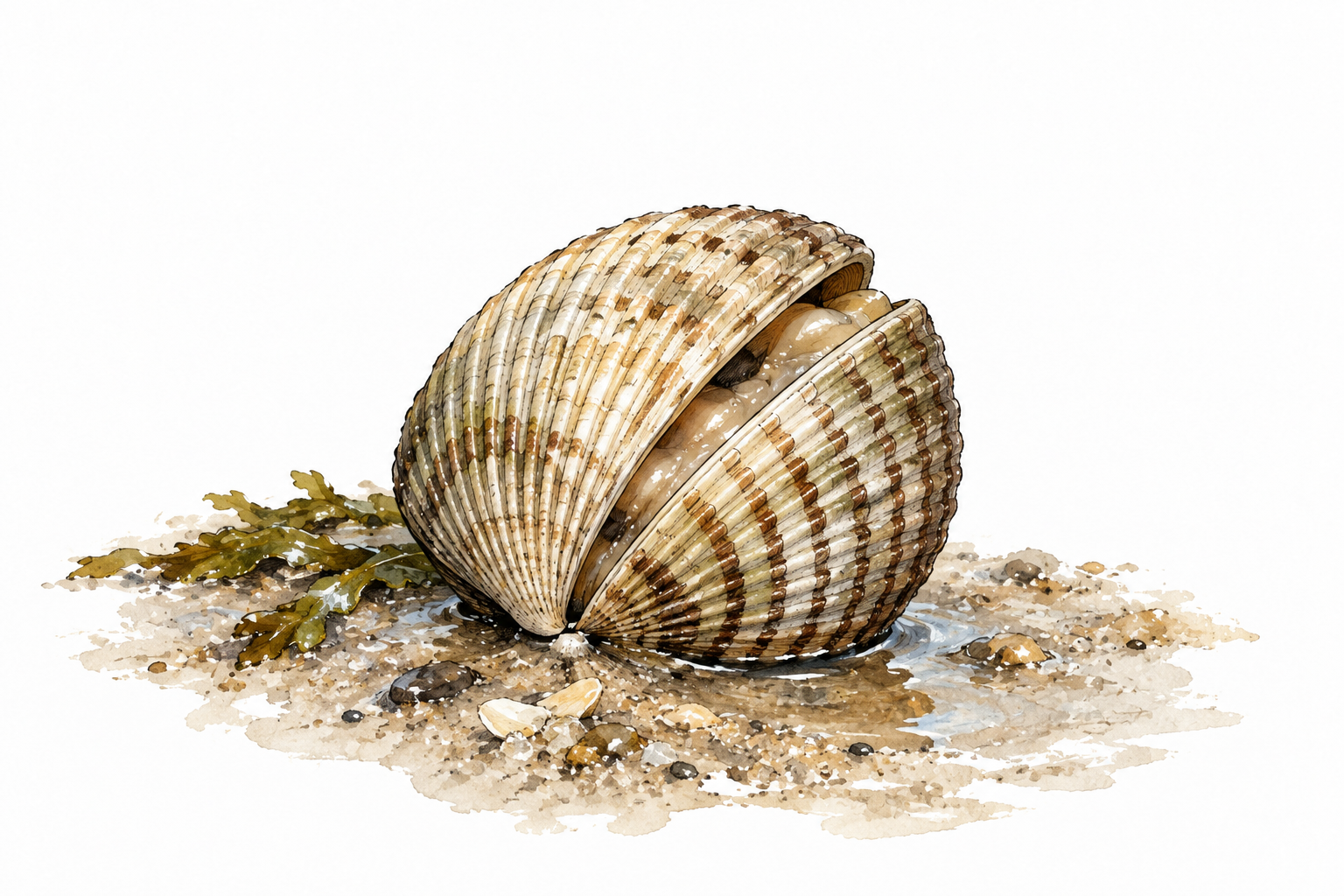 Close view of a small cockle on wet sand, rounded bivalve shell with strong radiating ridges, slightly open paired valves.