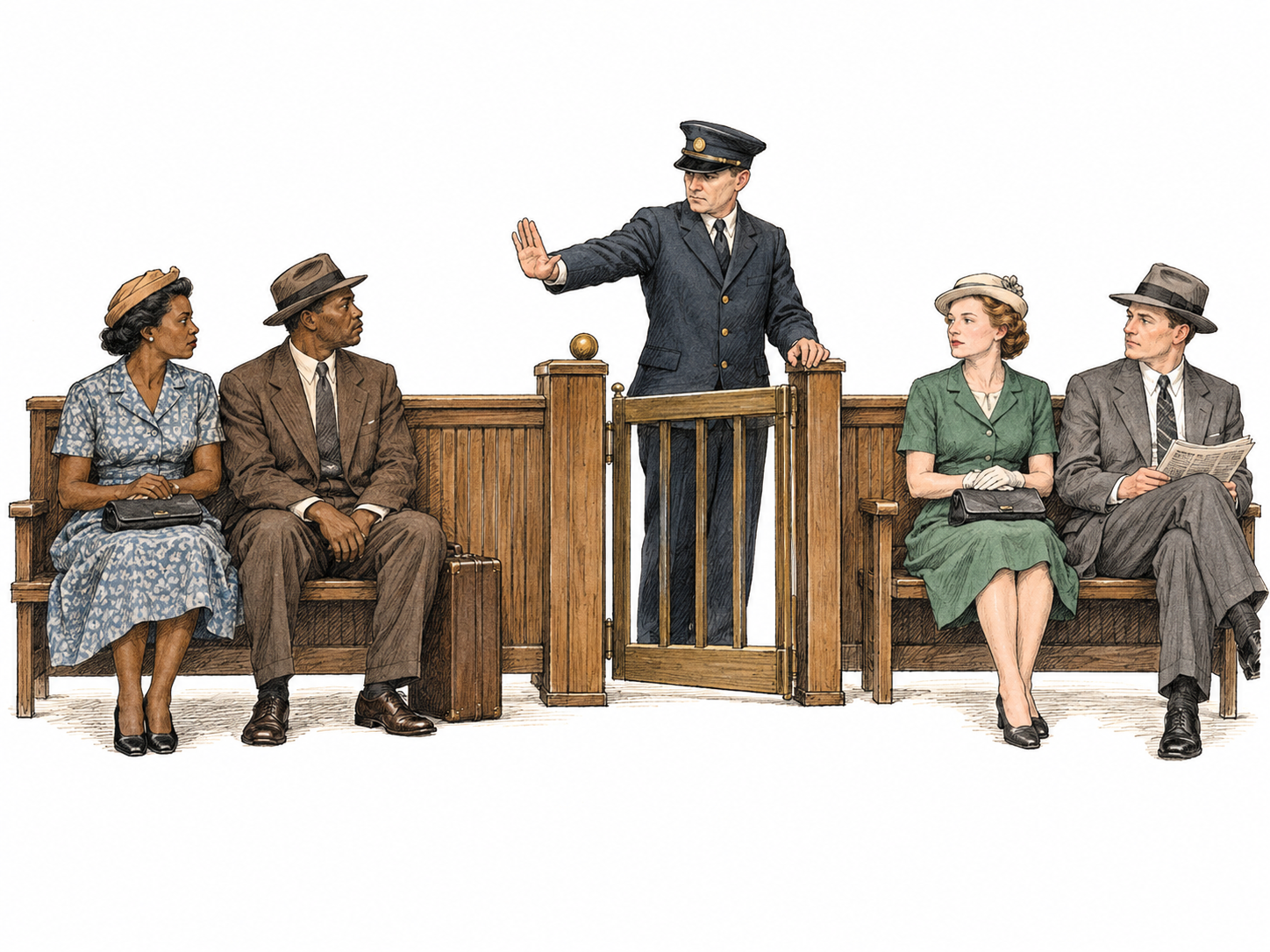 A historical mid-20th-century American segregated station waiting area: a rigid waist-high barrier divides two benches.