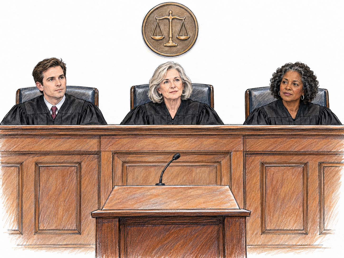 A modern appellate court: three robed judges sit together behind a raised judicial bench, with a government-style seal above them and a lectern facing them.