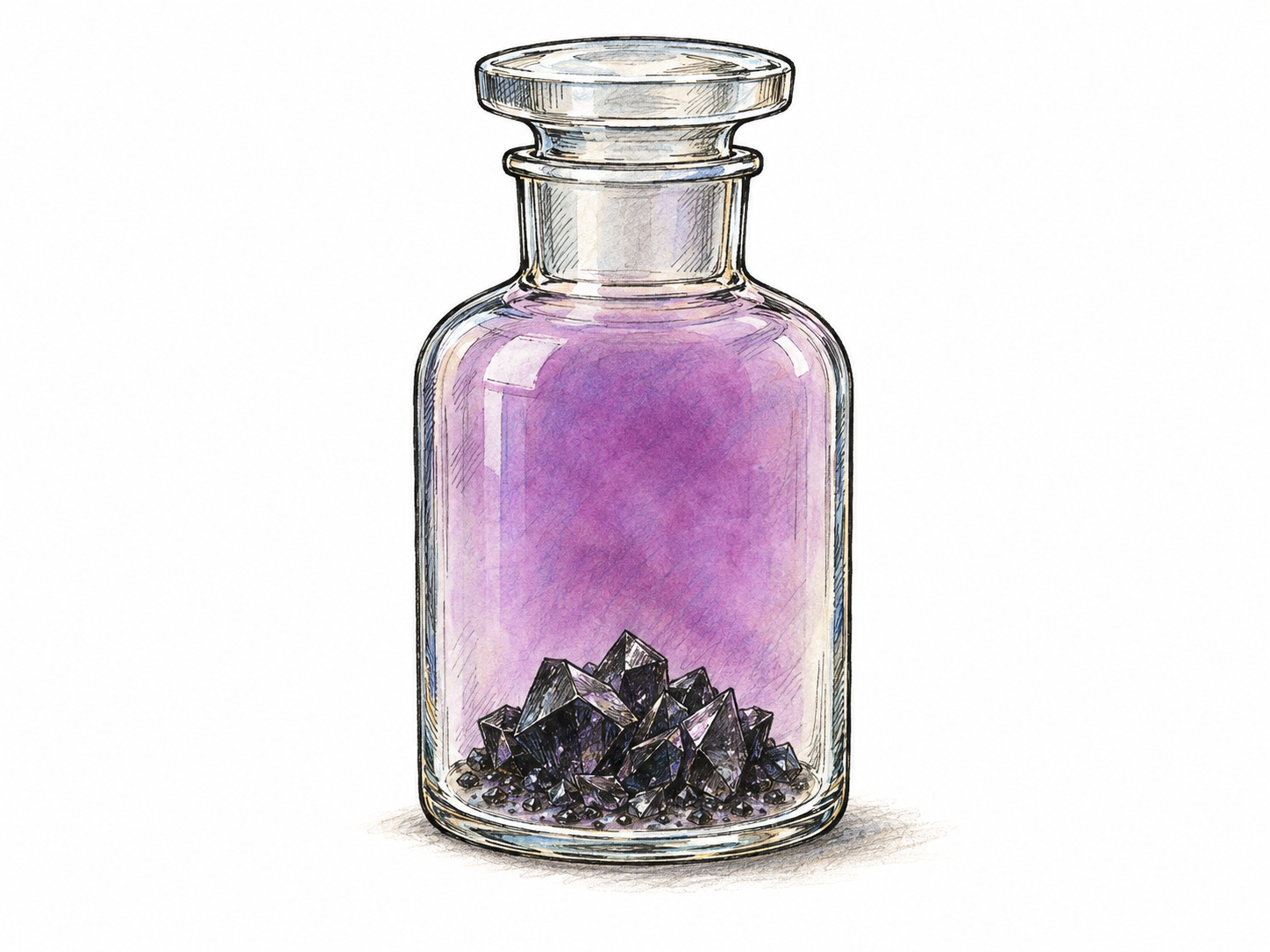 A clear, closed glass vessel contains dark iodine crystals at the bottom and translucent violet iodine vapor filling the space above them, making the solid substance and its gaslike form visible together.