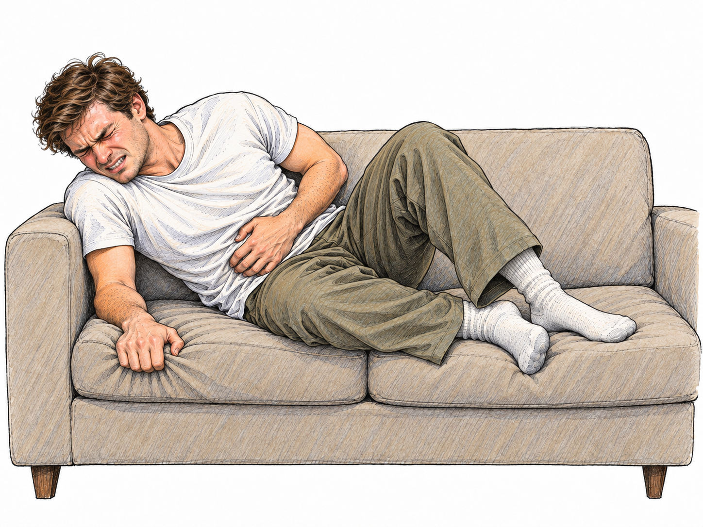 A young man writhes on a plain couch with abdominal pain: his shoulders and pelvis turn in opposing directions, his knees draw up unevenly, and one hand presses his belly as his face tightens in a grimace.