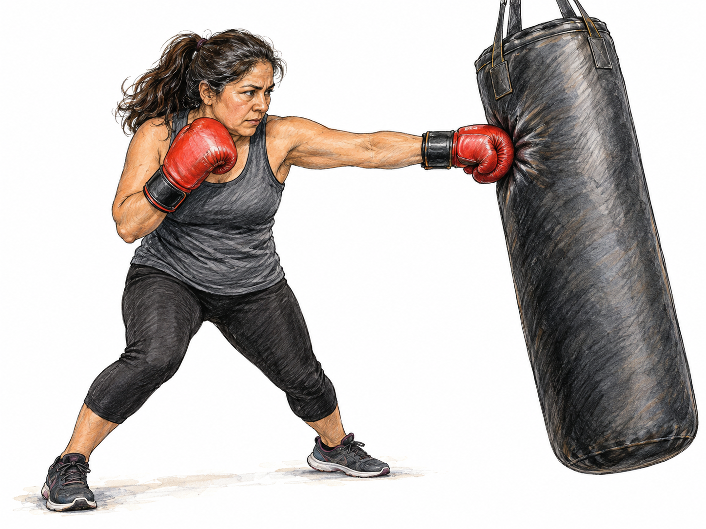 A woman lands a forceful boxing punch on a suspended heavy bag, with her glove visibly compressing its surface and the bag displaced by the impact.