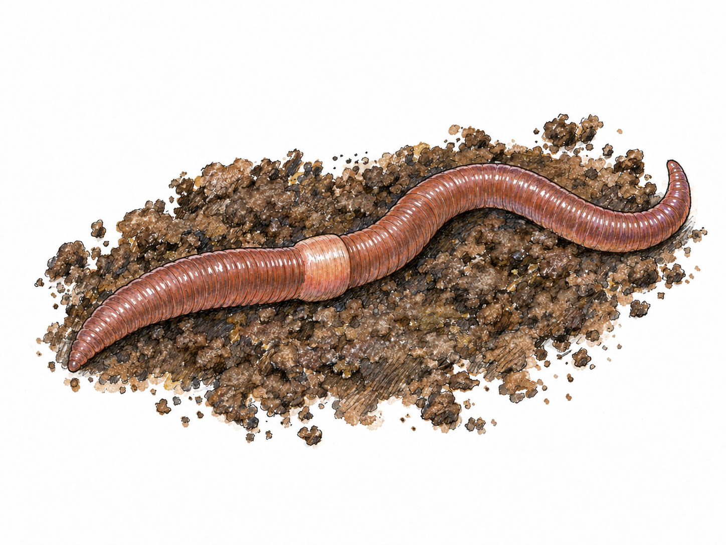 A single garden earthworm crawling across a small patch of moist soil, its soft, segmented body gently curved: a concrete example of an animal without a backbone.