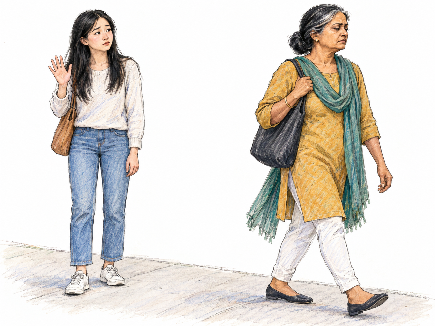 An older woman deliberately turns away from a younger woman's friendly greeting, walking past with a closed expression while the younger woman's raised hand remains unanswered.