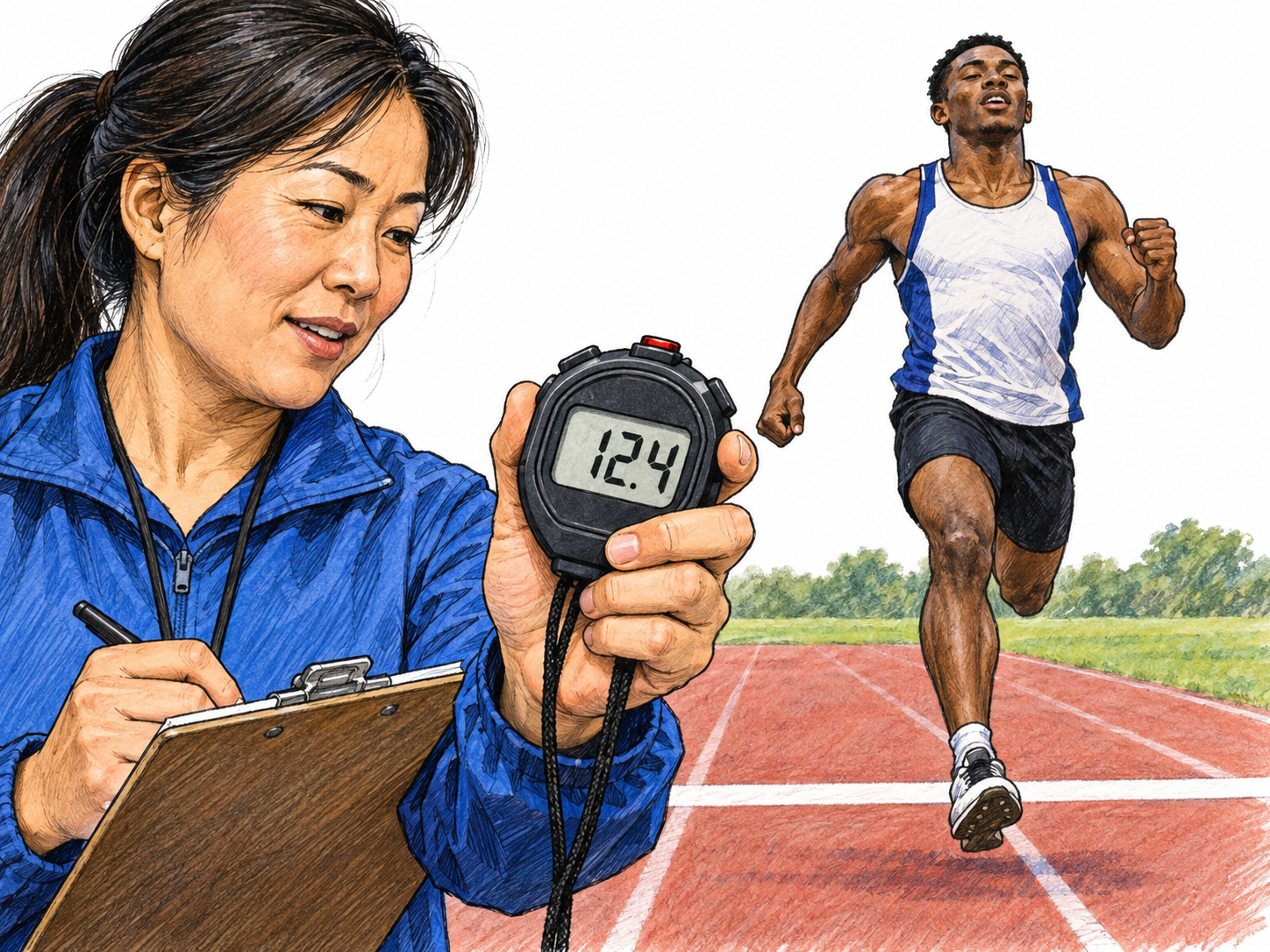 A running coach records a runner’s finishing time on a large plain stopwatch face reading exactly “12.4”.