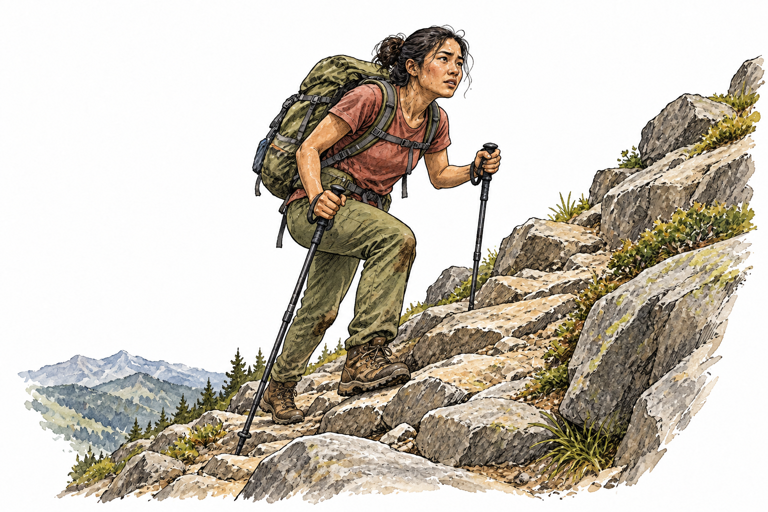 A hiker continues up a difficult rocky trail despite tired posture, determined expression.