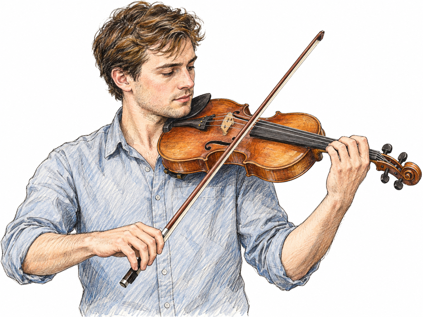 A young adult man actively plays a violin, with the instrument tucked beneath his chin, his left fingers on the fingerboard and his right hand drawing the bow across the strings.