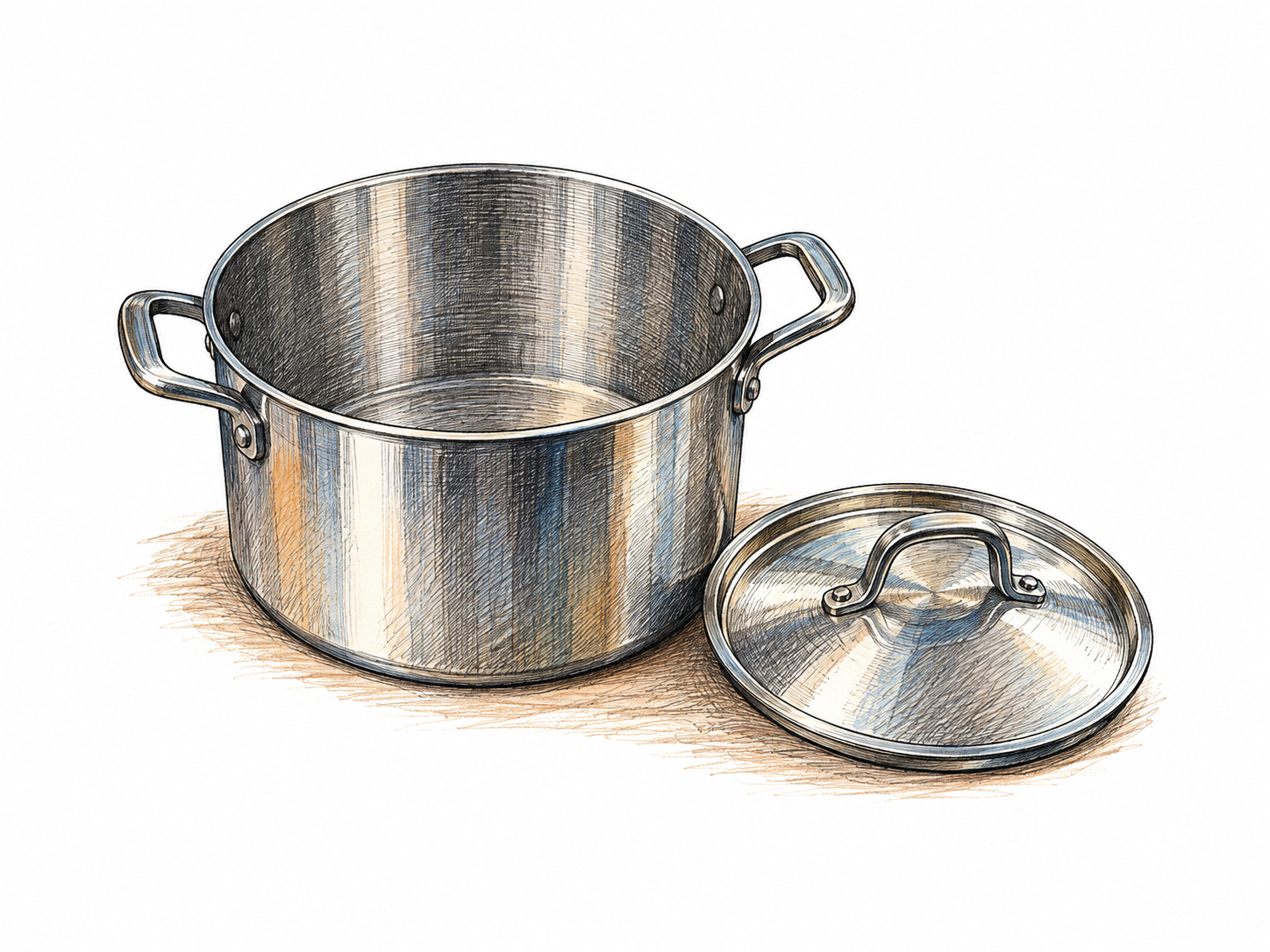 Deep modern cooking pot with two handles and loose lid beside it, empty visible interior, small tabletop contact patch only.