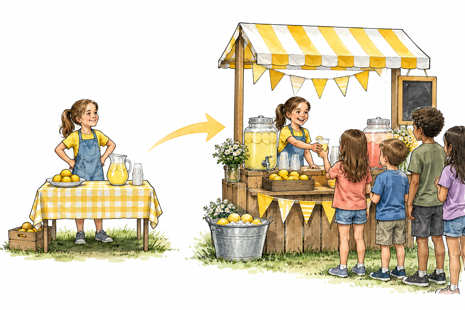 Small successful lemonade stand expands into a larger busy stall shown in two linked scenes, initial advantage grows.