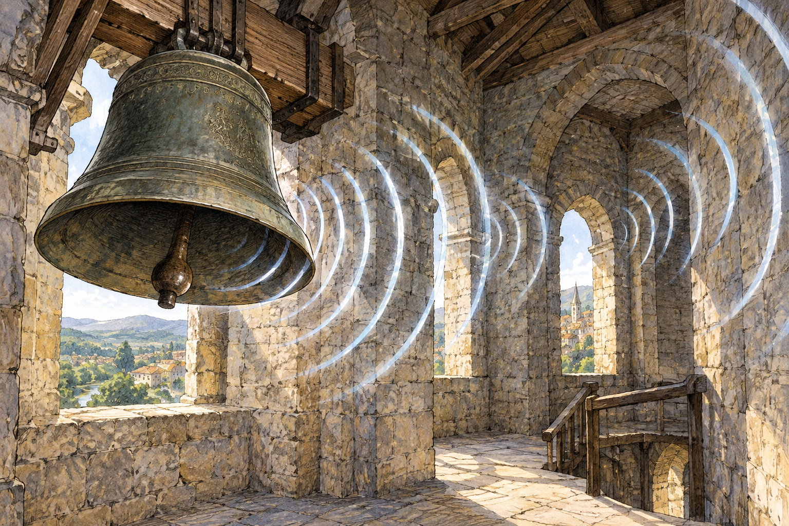 Church bell rings inside stone belfry, repeating reflected sound curves travel through interior, sustained echo visually represented.