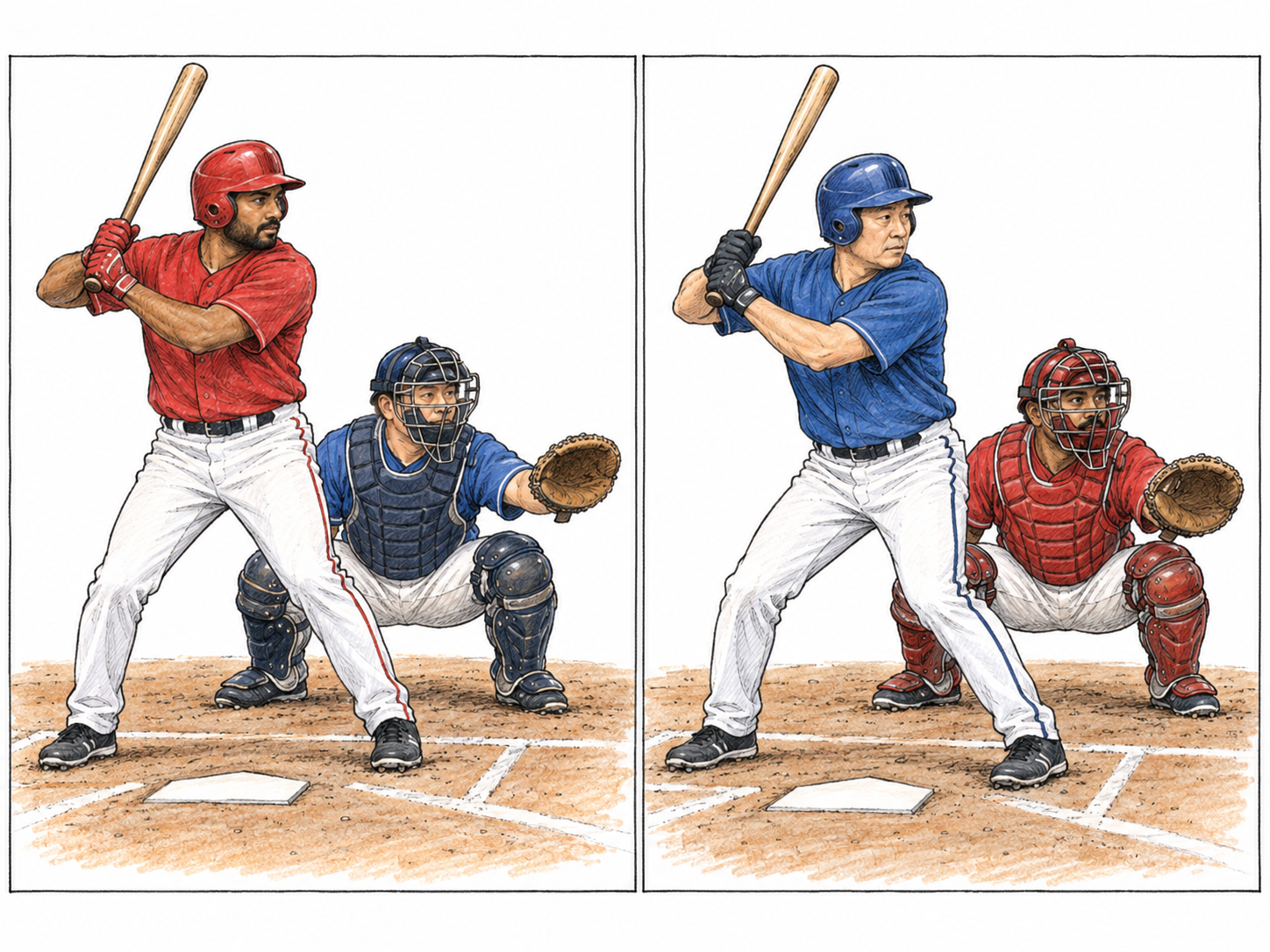 A compact two-panel sequence presents the two batting halves of one inning: the red team bats while the blue team fields, then the blue team bats while the red team fields.