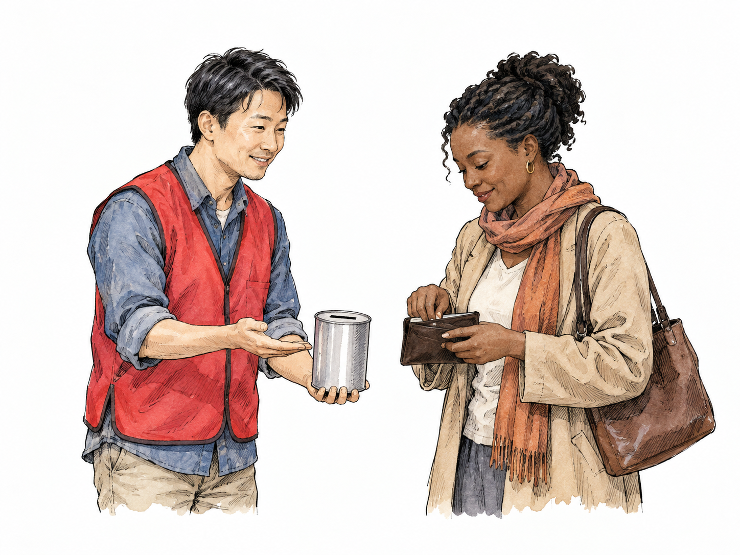 Volunteer holds a plain collection tin and politely gestures requesting a donation; potential donor reaches for wallet, no labels.
