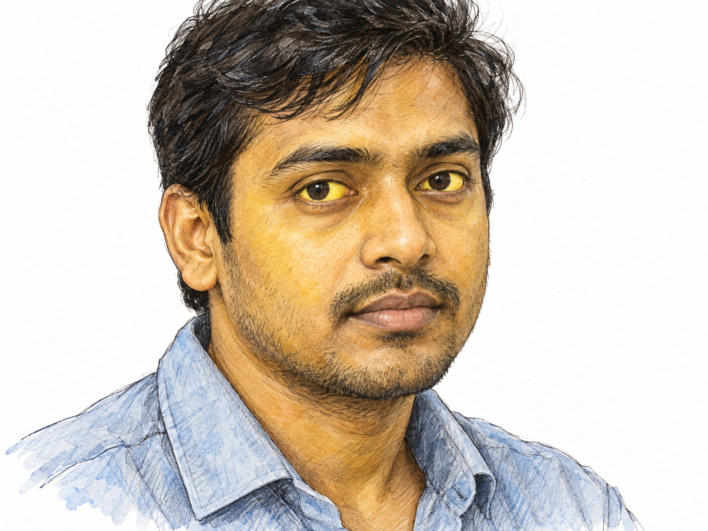 A close, three-quarter portrait of a young adult South Asian man with visibly yellowed eye whites and a subtle yellow cast to his skin, illustrating the physical signs of jaundice without medical diagrams or unnecessary scenery.