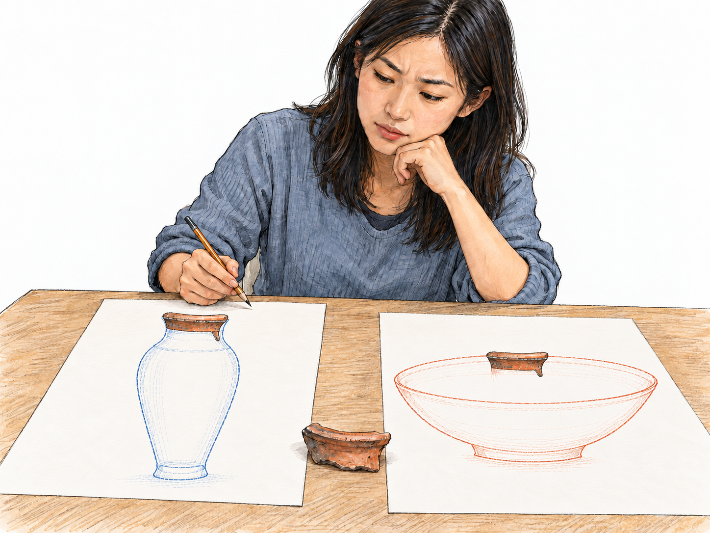 A researcher proposes two incompatible reconstructions of a whole vessel from a single small pottery fragment.