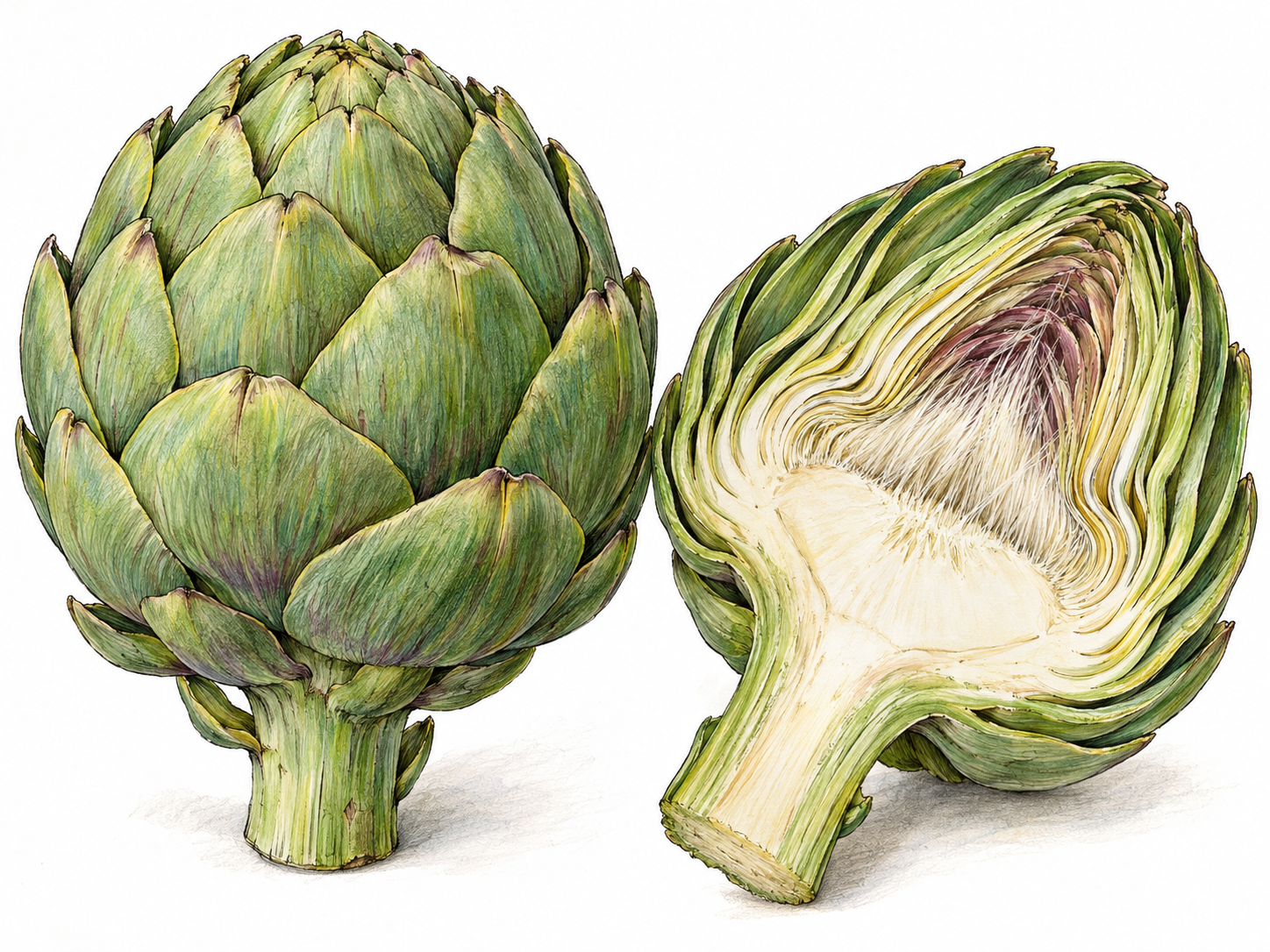 A whole green globe artichoke beside a lengthwise-cut half, clearly showing the overlapping fleshy bracts and thick pale heart.