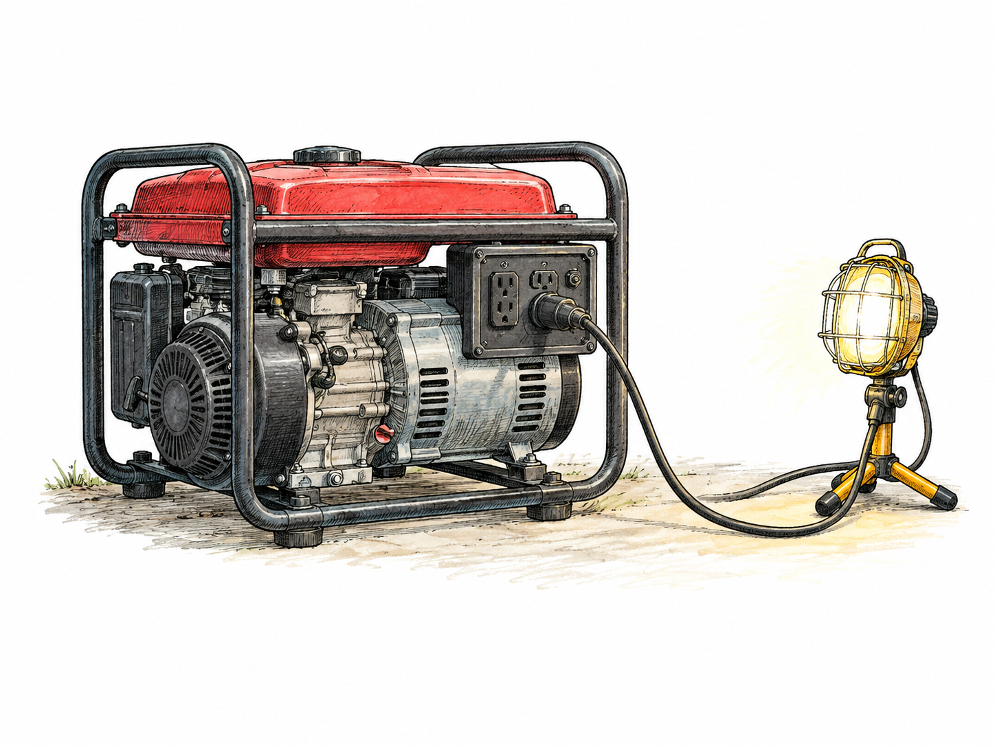 Portable electric generator with visible engine, alternator housing, outlets and connected cable powering one modest work lamp; mechanical electricity generation clear, no brand or warning text.