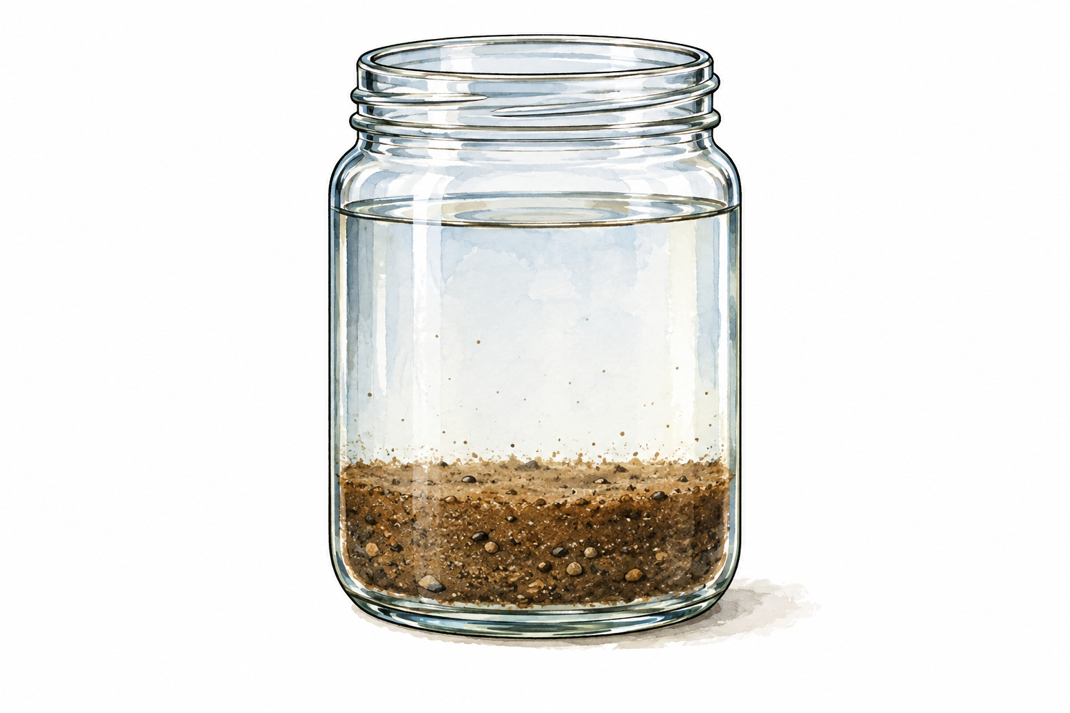 A clear glass jar of water with brown sediment settled as a distinct layer at its bottom.