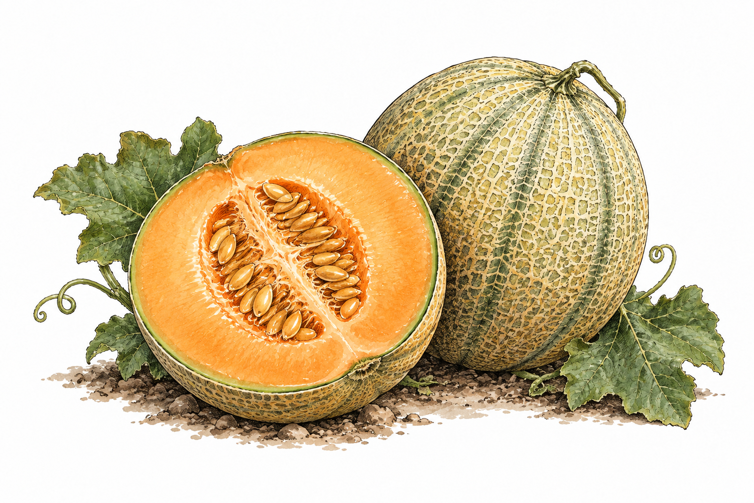 A ripe melon cut open to show juicy orange flesh and central seed cavity, whole melon beside it.