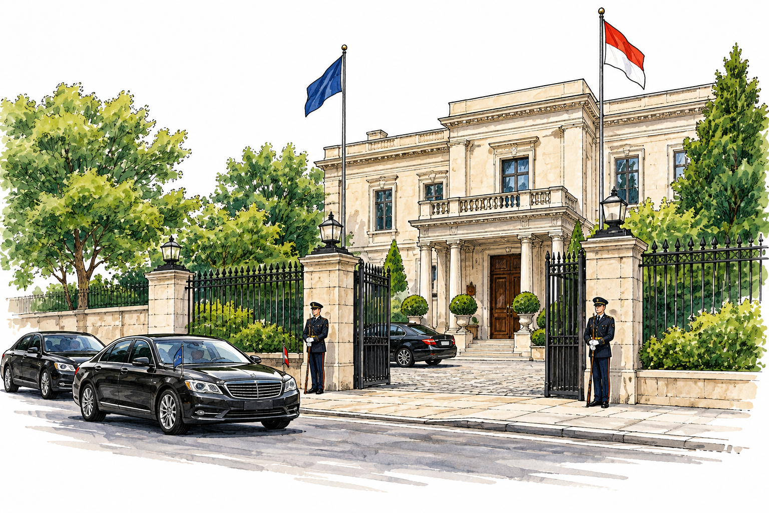 Dignified embassy building with guarded entrance, diplomatic vehicles and two flags, no building name or writing.
