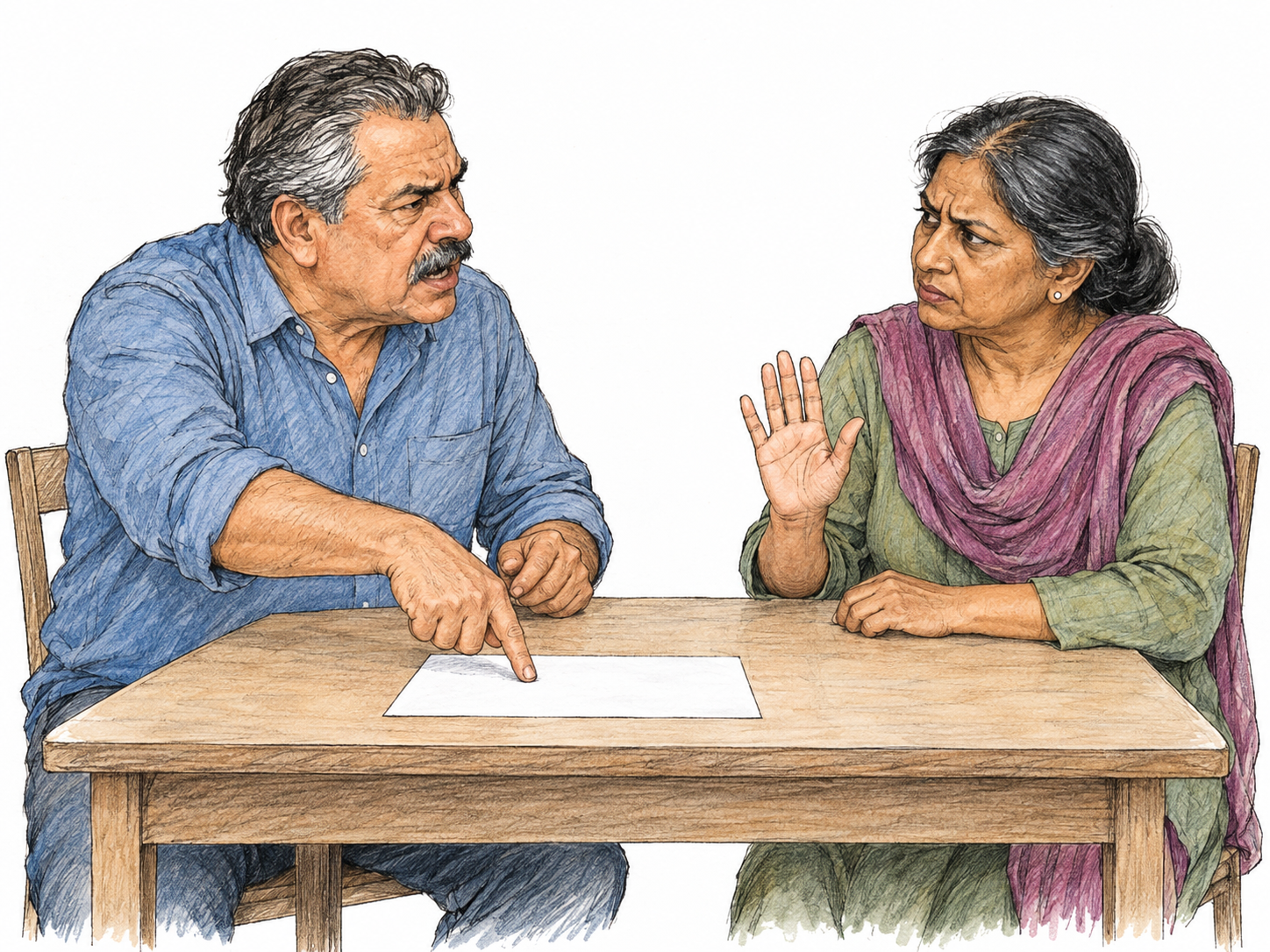 Two older adults disagree across a small table: one points insistently toward a blank sheet while the other counters with a raised open palm and a skeptical expression.